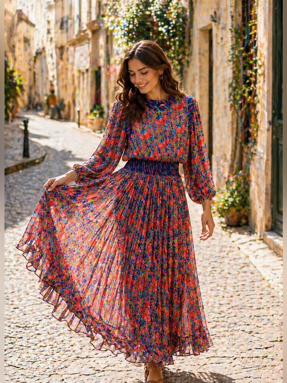 Vintage 80s Diane Freis Floral Pleated Maxi Dress